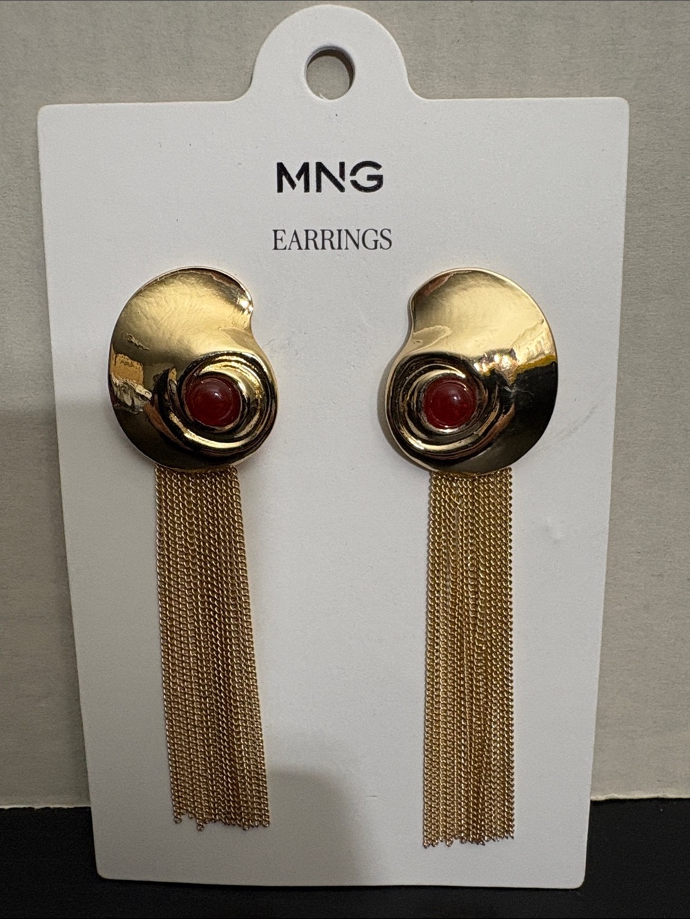 Mango Gold-Tone Tassel Earrings with Red Cabochon EMBOSSED SPIRAL EARRINGS 7788